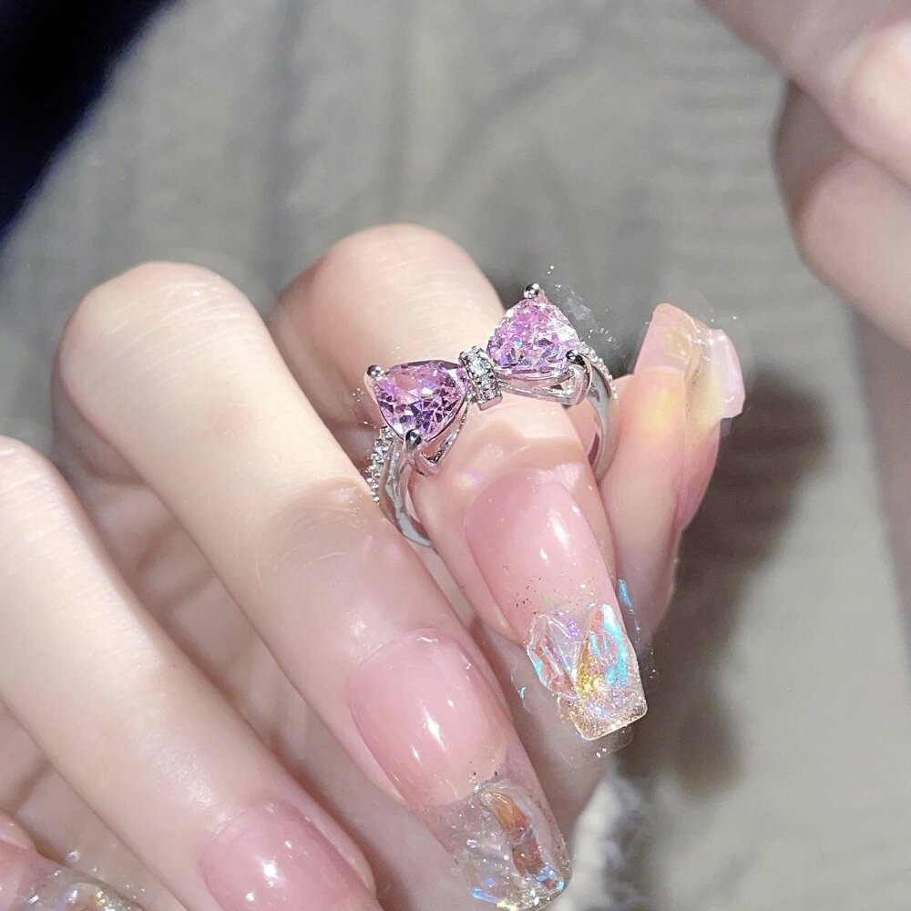 Cute Pink Bow Ring Adjustable Open Ring Sparkly CZ Crystal Aesthetic Kawaii Gift